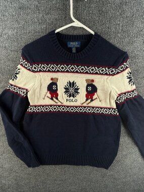 Polo Ralph Lauren Ski Bears Sweater Fair Isle Boys Large Cotton Wool 14-16